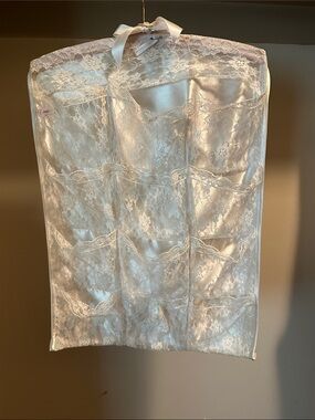 Vintage Victoria’s Secret Lace Overlaid Hanging Organizer in white satin